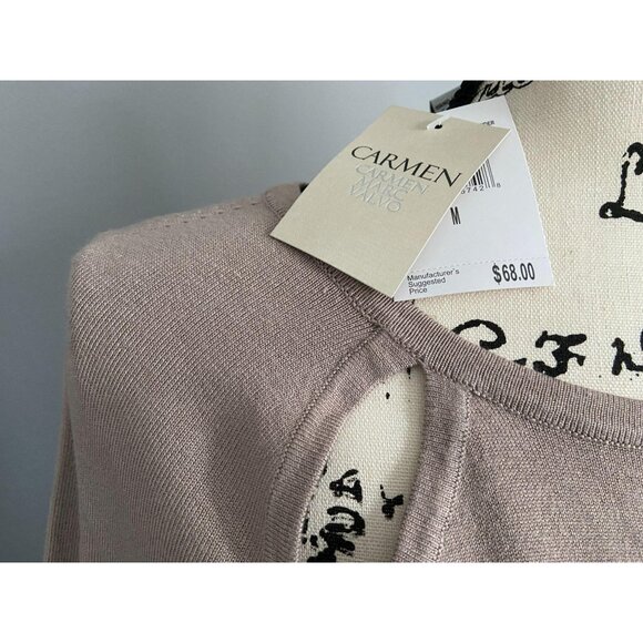 Carmen Marc Valvo Women's Beige Thin Sweater Top Size Medium Chest Slits - Picture 7 of 9